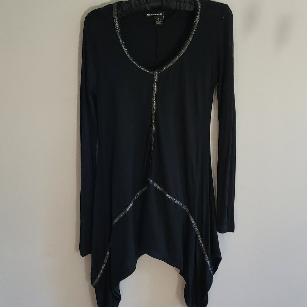 DKNY Black With Beaded Trim Tunic, Halloween Black Top